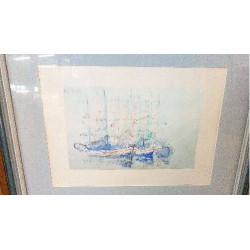 TABLEAU  BATEAUX BLEUS AU PORT