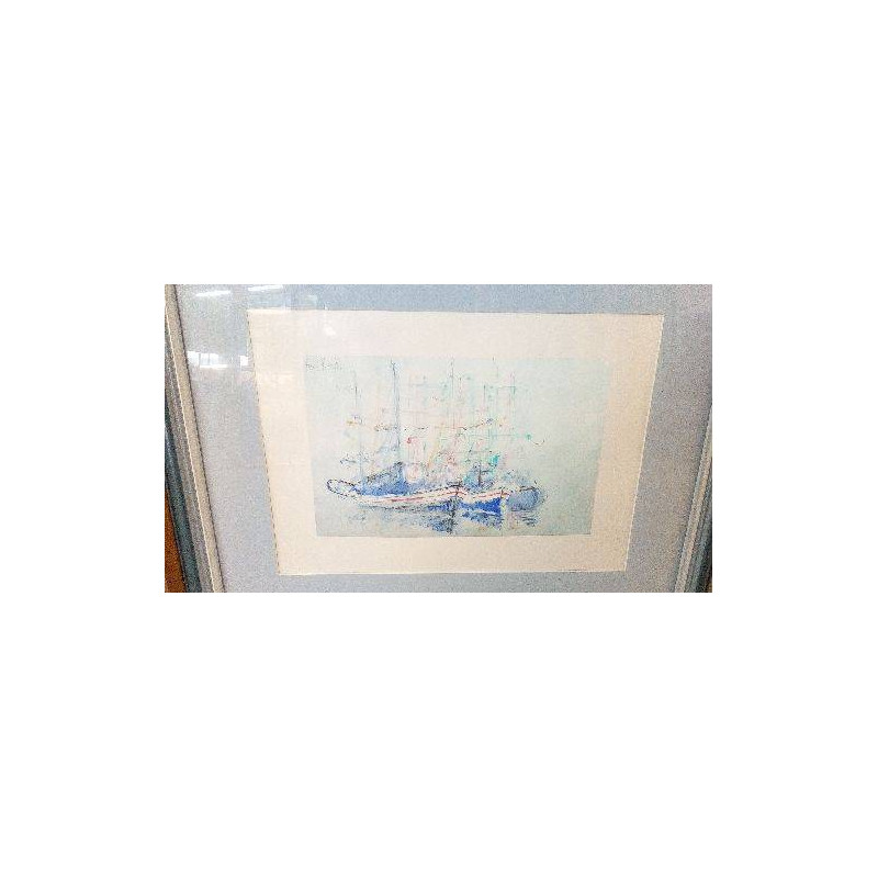 TABLEAU  BATEAUX BLEUS AU PORT