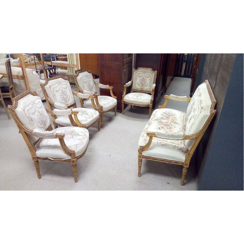 SALON STYLE LOUIS XVI BOIS DORÉ 5 PIÈCES