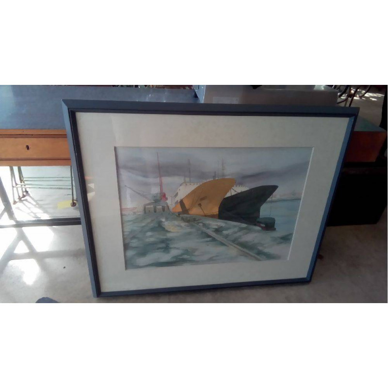 GRANDE AQUARELLE D\'UN PORT SIGNÉE BOUCHER