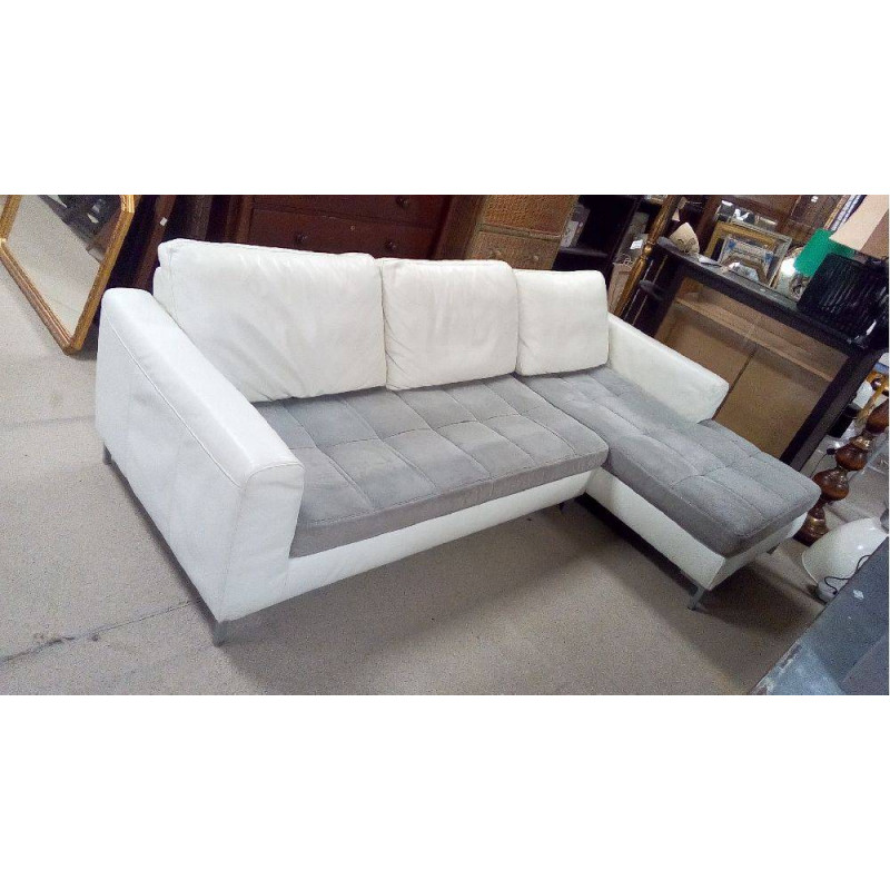 SALON D\'ANGLE CUIR FIXE GRIS ET BLANC