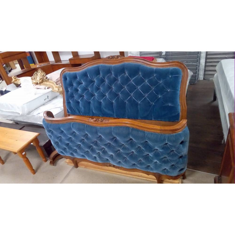 LIT DEMI CORBEILLE CHÊNE CAPITONNÉ VELOURS BLEU 140