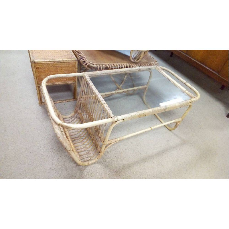 TABLE BASSE ROTIN ET VERRE / PORTE REVUES