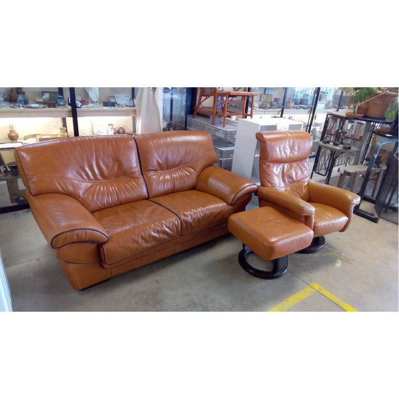 SALON CUIR HAVANE 4 PLACES (CANAPÉ FAUTEUIL)