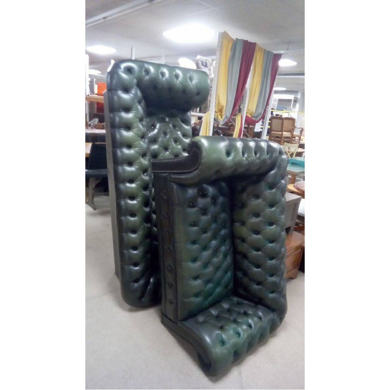 SALON CUIR CHESTERFIELD VERT ANGLAIS 5 PLACES