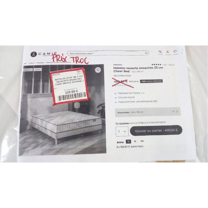 MATELAS 23CM 140 X 190 RESSORTS ENSACHÉS CAMIF (REFUS INTERNET)
