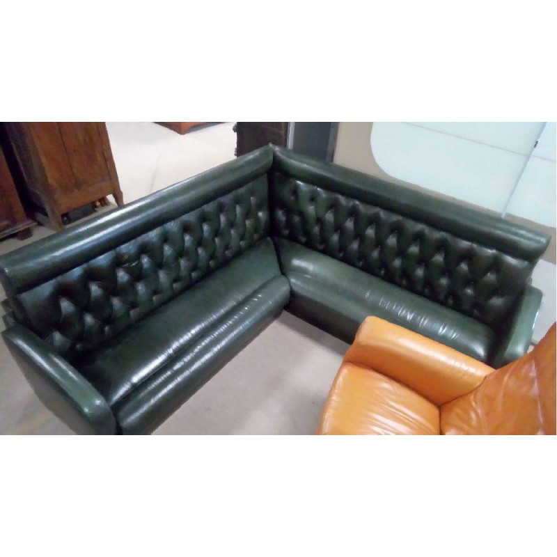 BANQUETTE D\'ANGLE CHESTERFIELD CUIR VERT ANGLAIS